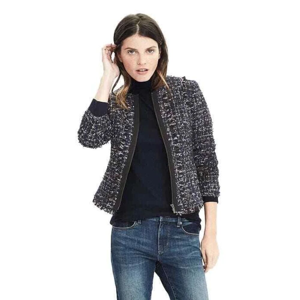 Banana Republic Collarless Tweed Zip Jacket